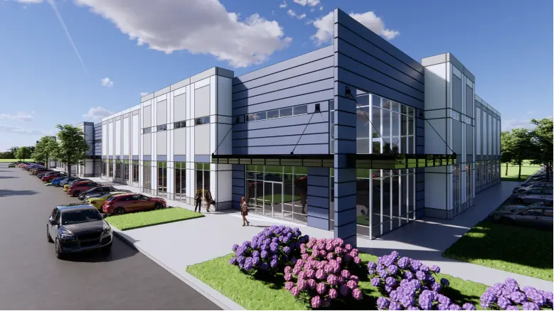 Architectural rendering of Lake Mary Technology Center modern flex building exterior and landscaped entrance